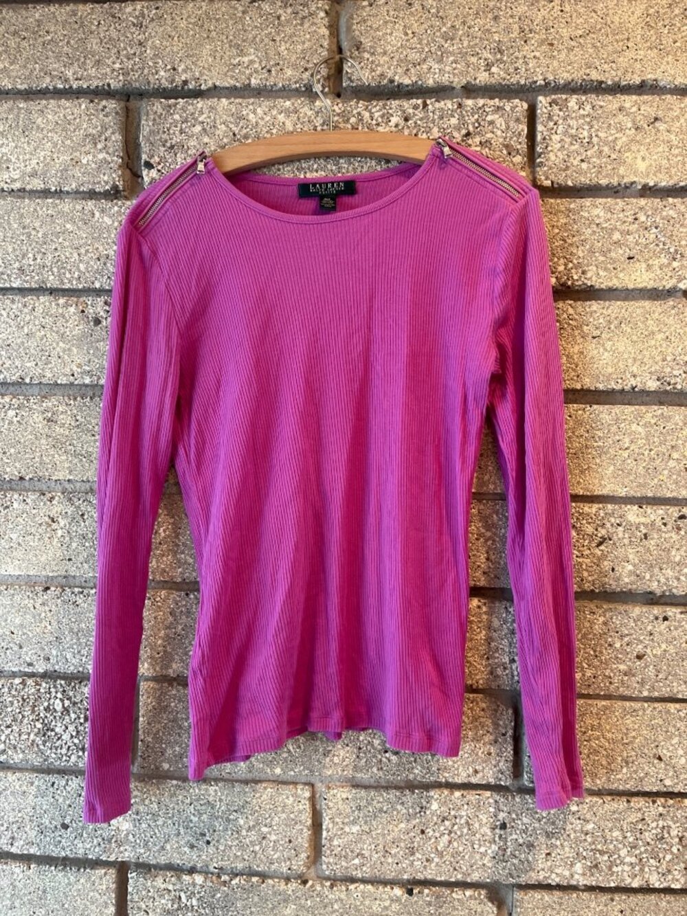 Lauren Ralph Lauren Petite Ribbed Zip Shoulder Long Sleeve Top Cotton Pink